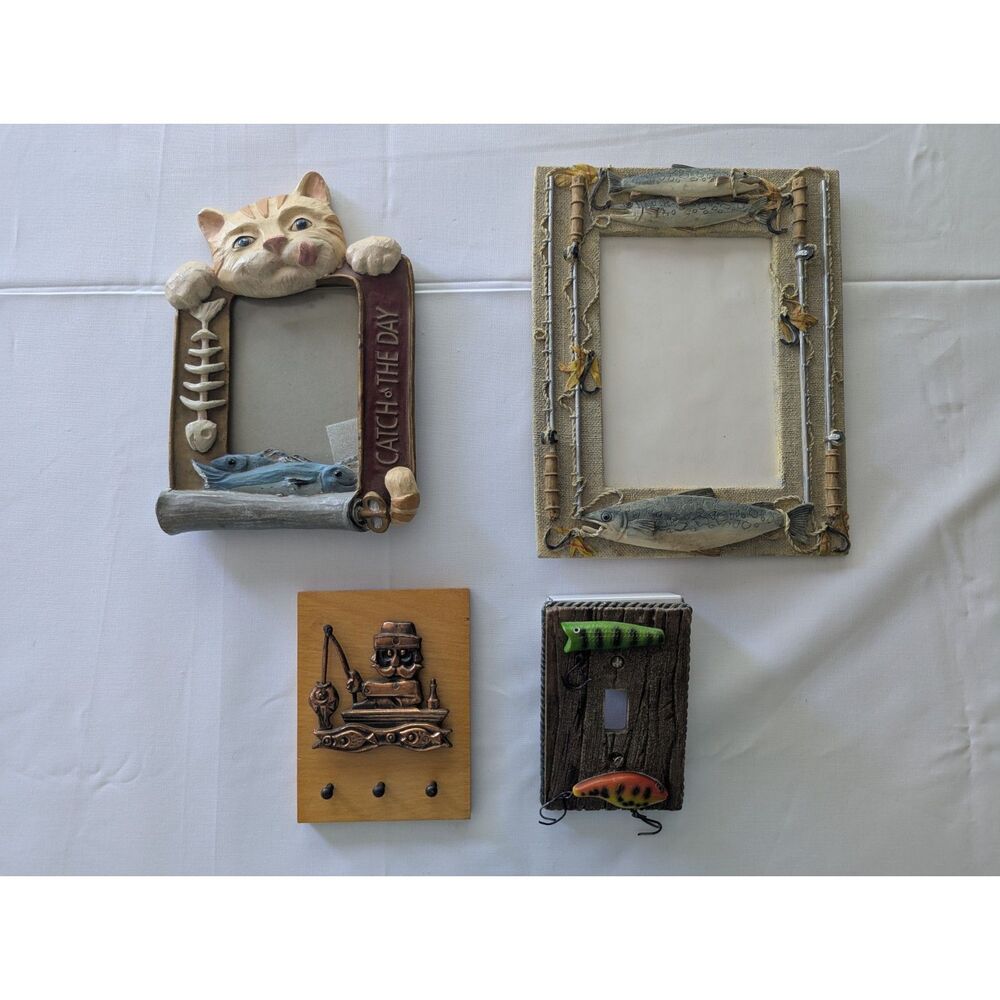 LOT - Fishing Decor frames, key holder and light switch cover cabin lake house